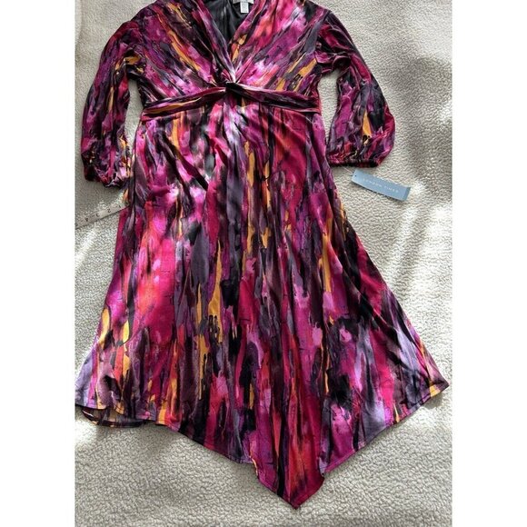 London Times Twisted Front 3/4 Sleeve A-Line Dress Berry Multi Print Size 16 - Picture 14 of 16